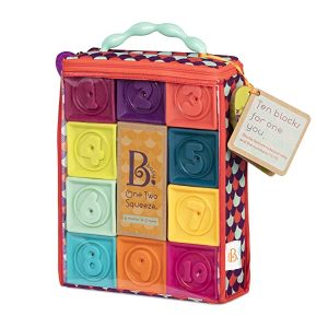B. toys Giocattoli per bambini, torre impilabili, mattoncini morbidi, giocattoli educativi, dadi da gioco con numeri e animali dai 6 mesi, 10 pezzi
